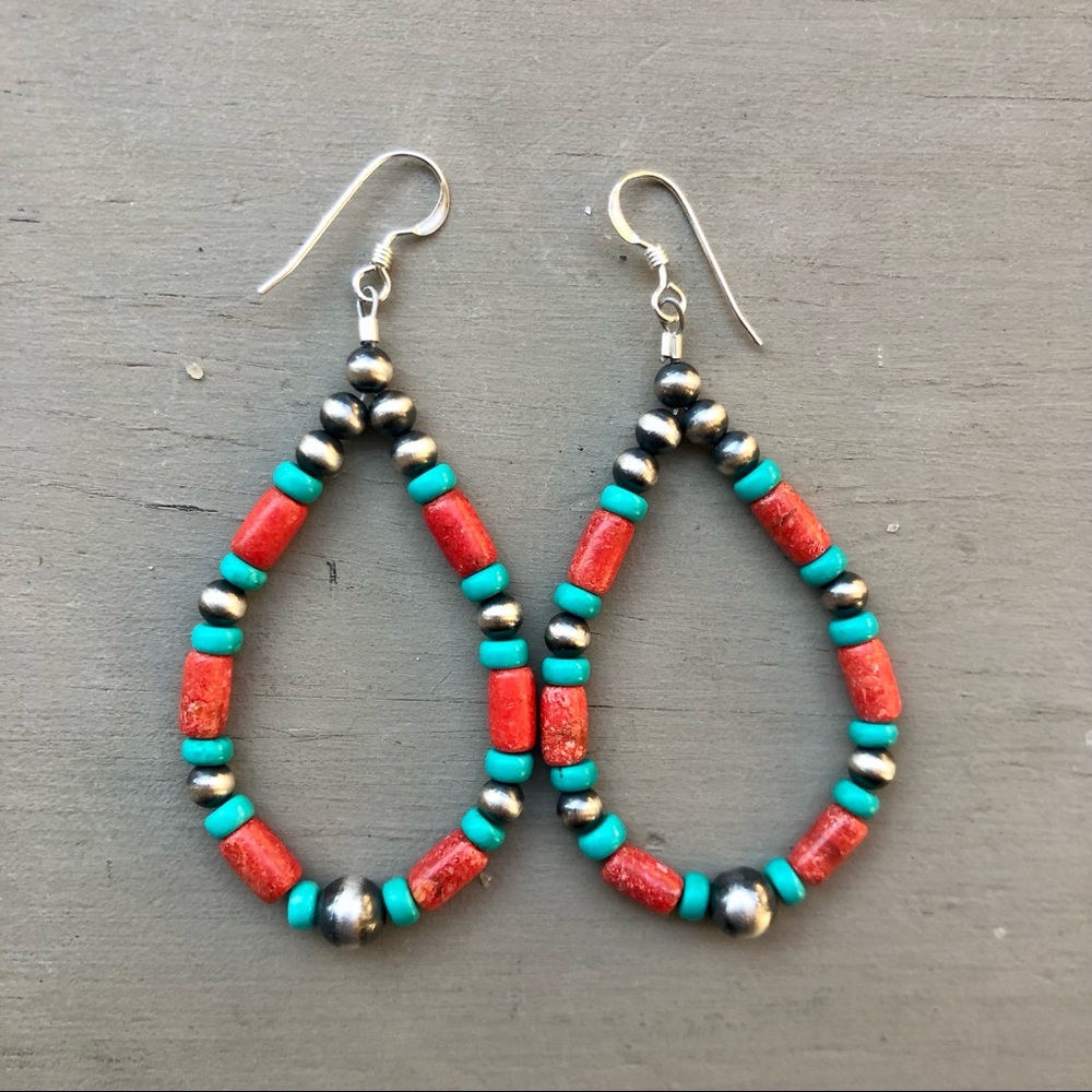 Red Spiny Oyster & Fox Mine Turquoise Loop Earrings